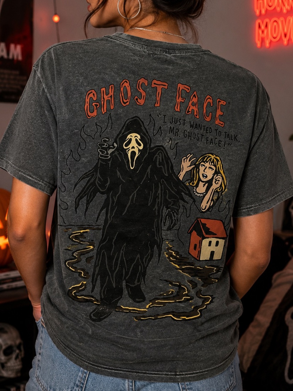 Ghost Face Scream Horror Graphic Tee Small Washed Gray Halloween